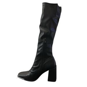 Pretty Little Thing Black Boots Square Toe Silver Calf Heeled Sock Boots Size 7